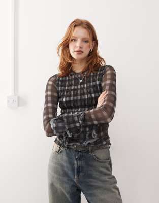 Collusion Ruched Detail Blur Check Mesh Long Sleeve Top-gray
