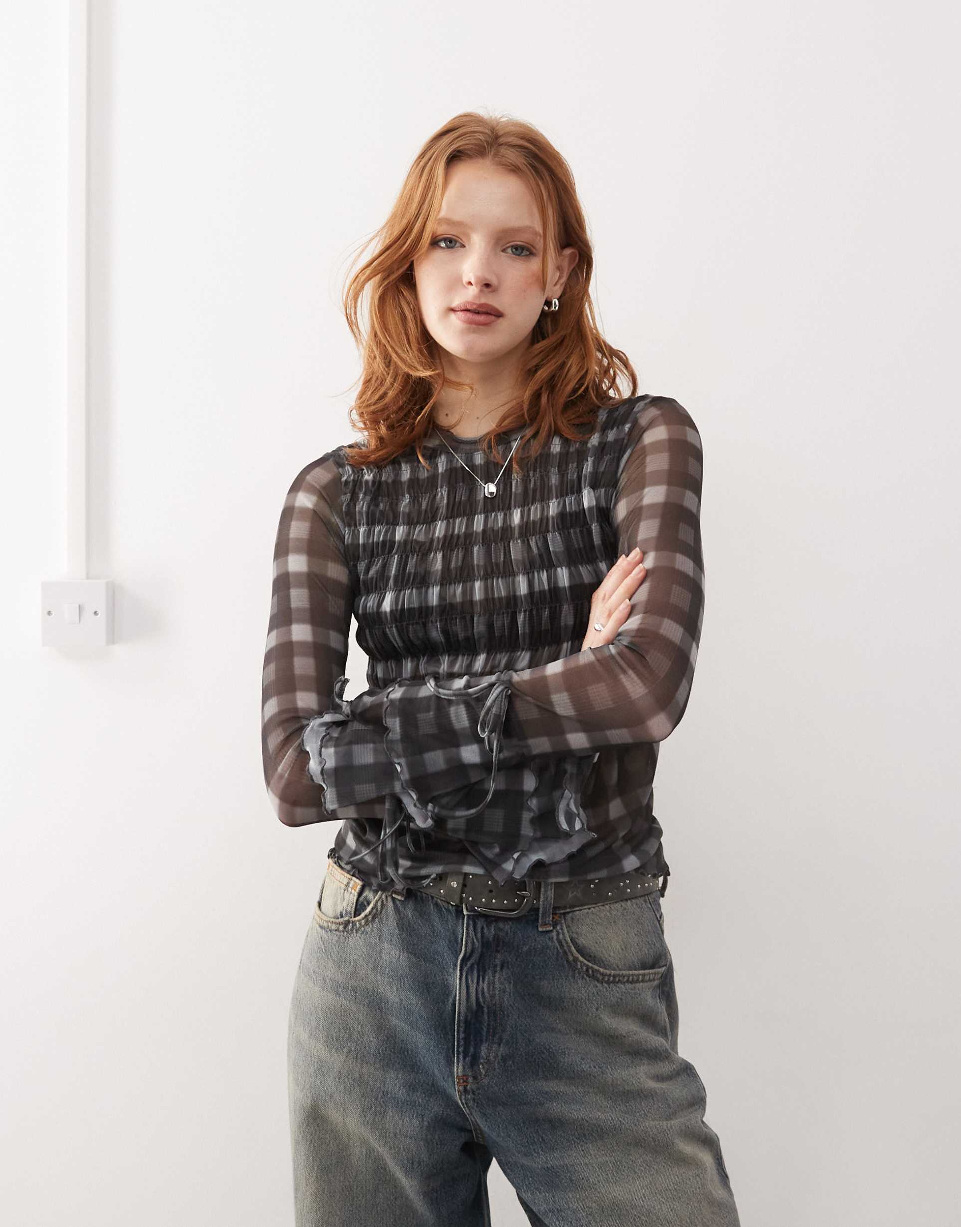 collusion ruched detail blur check mesh long sleeve top
