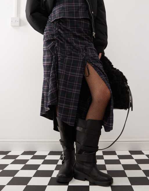 COLLUSION ruched detail cut out midi skirt co-ord in multi check, 4 of 5