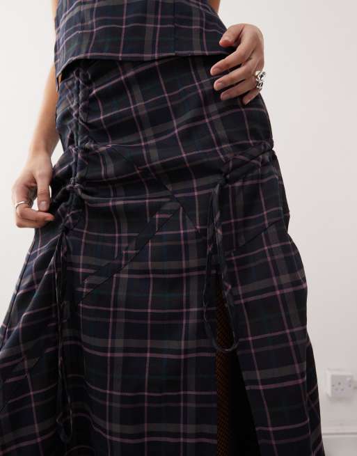 COLLUSION ruched detail cut out midi skirt in multi plaid - part of a set, 2 of 5