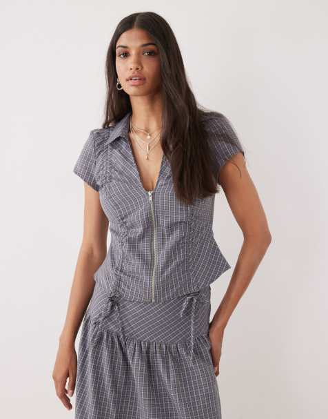 COLLUSION ruched fitted shirt in blue check - view 1