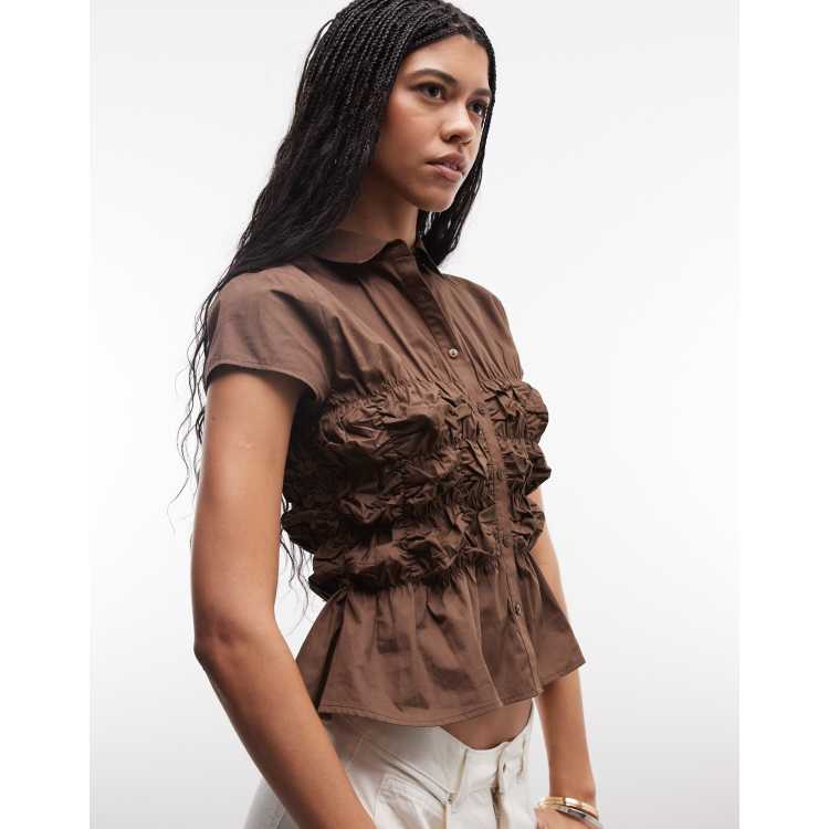 COLLUSION ruched fitted short sleeve shirt in brown | ASOS