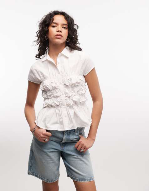 COLLUSION ruched fitted short sleeve shirt in white - view 1