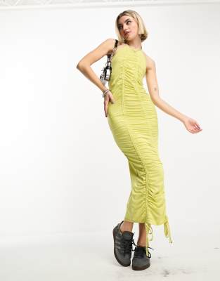 COLLUSION ruched front halter maxi dress in green