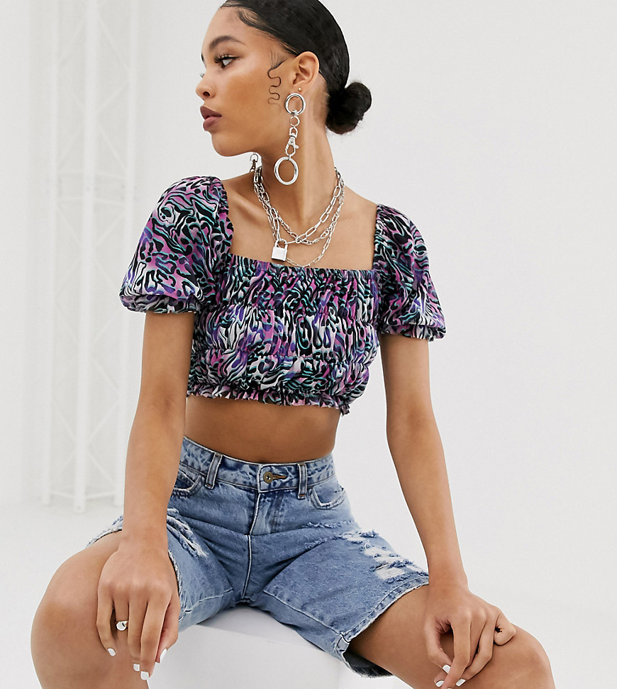 COLLUSION ruched graphic leopard print crop top-Multi