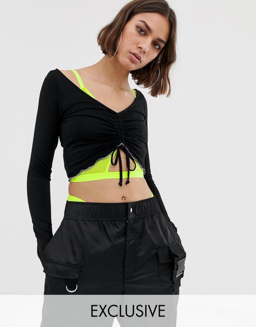 COLLUSION ruched lettuce edge crop top in black | ASOS