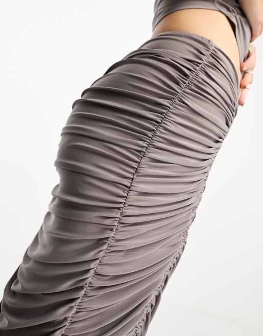 Grey Slinky Ruched Side Maxi Skirt, Two Piece Sets