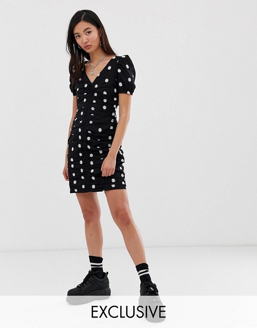 COLLUSION ruched mini dress with floral embroidery
