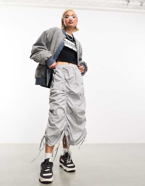 COLLUSION ruched parachute midi skirt in light grey - view 1