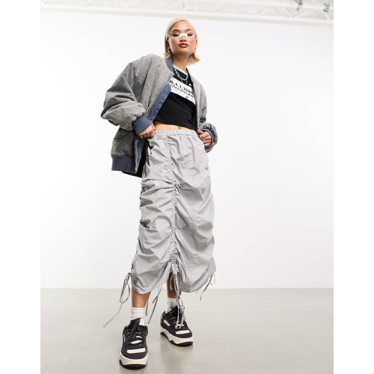 COLLUSION ruched parachute midi skirt in light grey ASOS