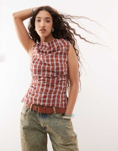 COLLUSION ruched side woven cowl top in red check - view 1