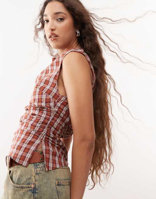 COLLUSION ruched side woven cowl top in red check , 3 of 4