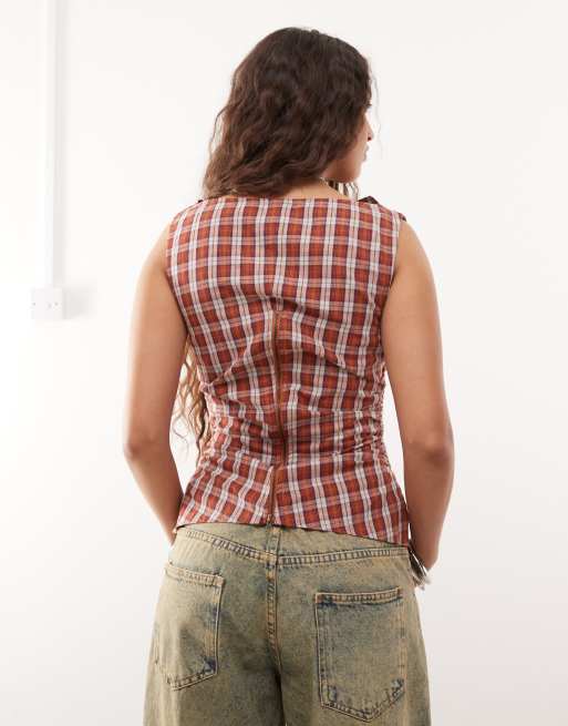 COLLUSION ruched side woven cowl top in red check , 4 of 4