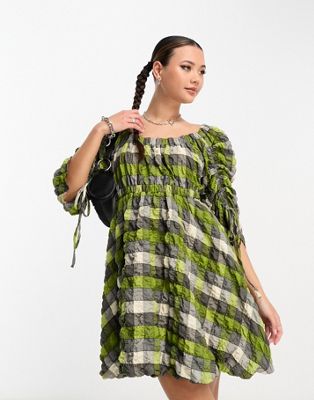 COLLUSION ruched sleeve check mini dress in green check  - ASOS Price Checker