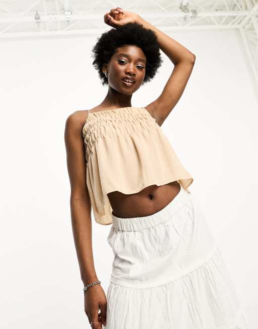 White Ruched Detail Strappy Crop Top