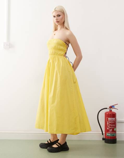 COLLUSION ruched thin strap maxi dress in yellow stripe - view 1