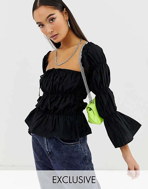 COLLUSION ruched tie front off the shoulder top