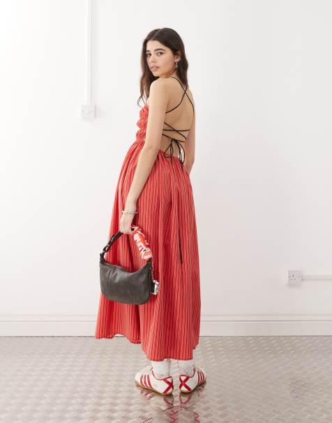 COLLUSION ruched top thin midi dress in red stripe - view 1