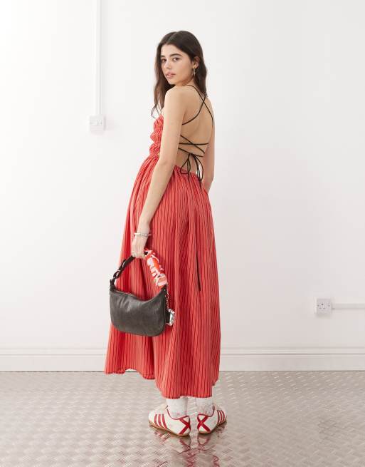 COLLUSION ruched top thin midi dress in red stripe
