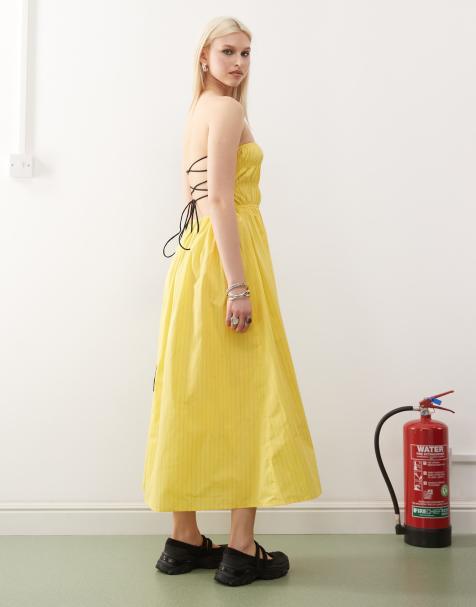 COLLUSION ruched top thin strap midi dress in yellow stripe - view 1