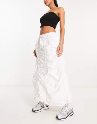 COLLUSION ruched utility midi skirt in white