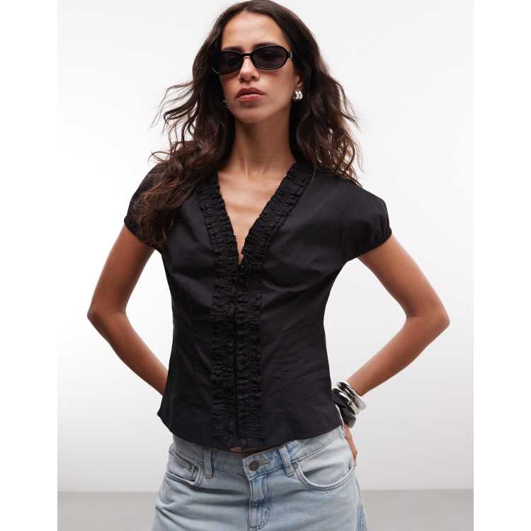 トップス rehellinen frill short blouse black COLLUSION ruffle detail short sleeve blouse in black | ASOS