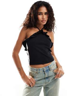 Collusion Ruffle Halter Top With Side Stripe In Black