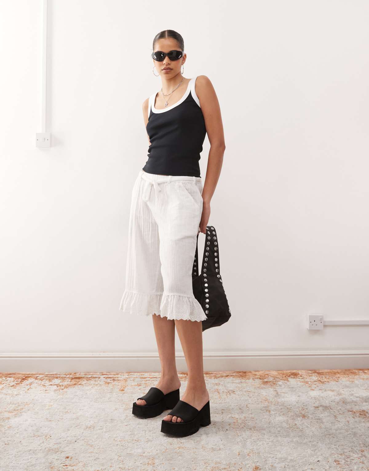COLLUSION ruffle hem cropped trouser in white
