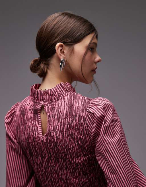 COLLUSION ruffle high neck blouse in pink stripe, 2 of 4