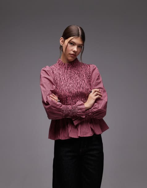 COLLUSION ruffle high neck blouse in pink stripes - view 1