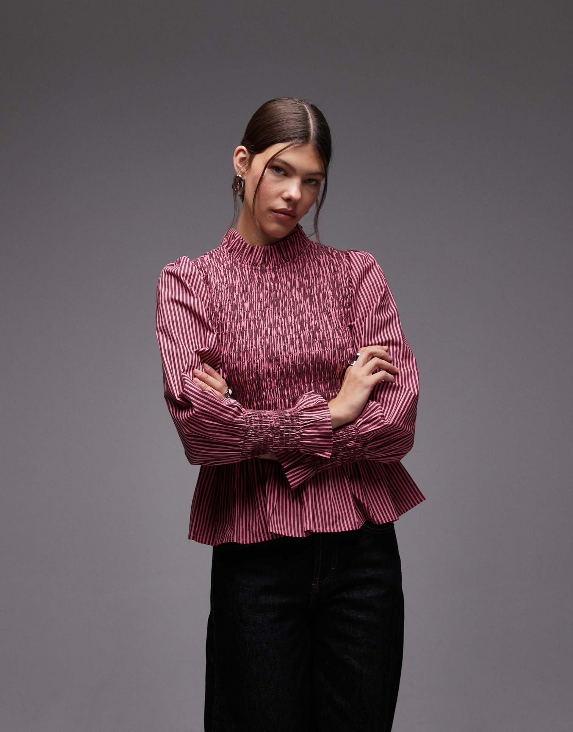 collusion ruffle high neck blouse in pink stripes