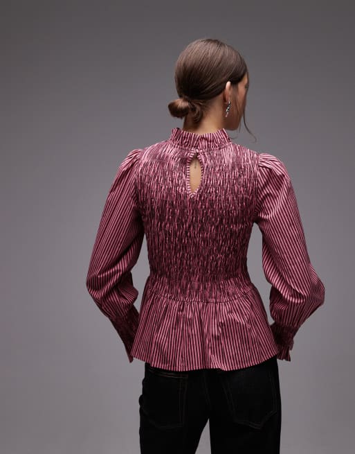 COLLUSION ruffle high neck blouse in pink stripes, 4 of 4