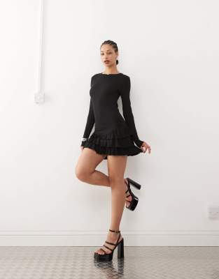 ruffle mini dress with long sleeve-Black