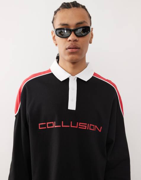 COLLUSION – Rugby-T-Shirt im Skater-Stil in Schwarz mit rotem Print - view 1