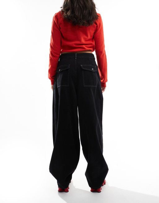 COLLUSION - Ruimvallende parachute jeans met contrasterende stiksels in zwart, 2 van 5