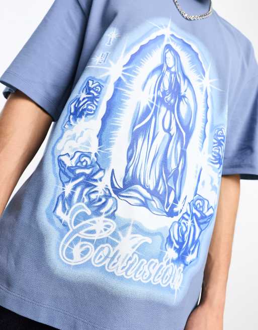 COLLUSION saint print t-shirt in blue | ASOS