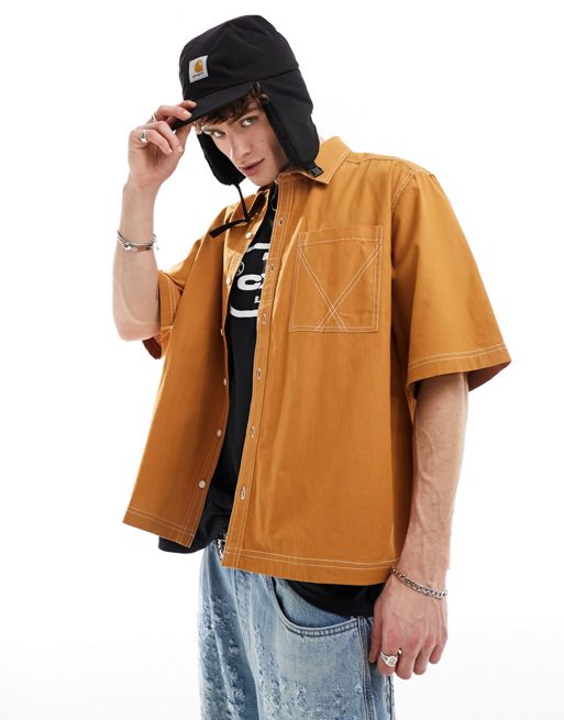 COLLUSION – Sandfärgad skjorta med kontrastfärgade sömmar och boxig passform i ripstop