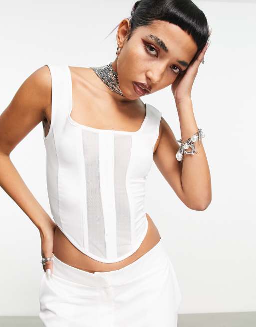 COLLUSION satin and mesh detail corset in white 