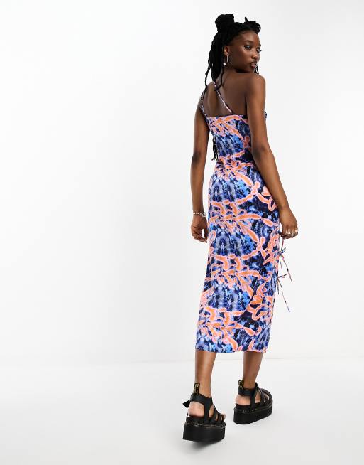 COLLUSION satin asymmetric strap detail summer midi dress in print ASOS