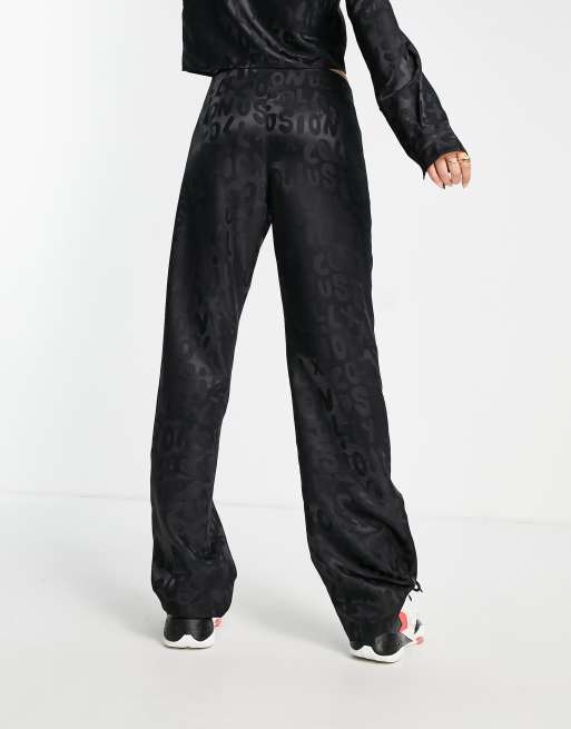 COLLUSION satin branded jacquard low rise wide leg pants in black - part of  a set