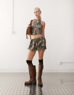 Collusion satin bubble mini skirt in camo print