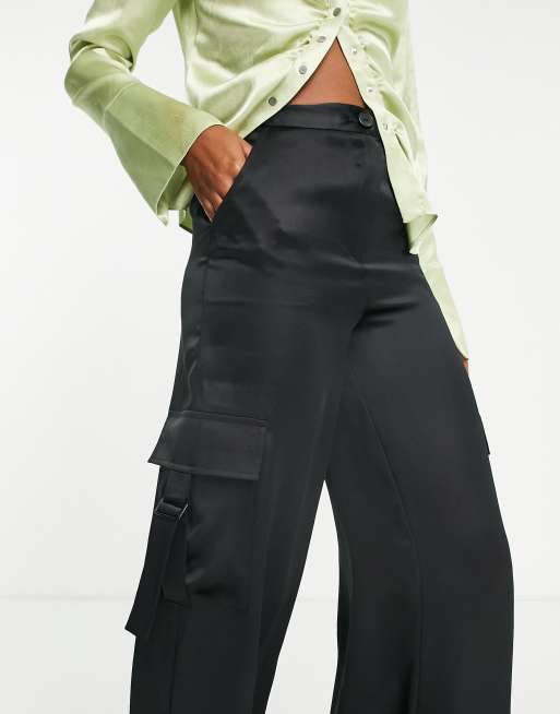 Black Satin Cargo Trousers, Satin Trousers