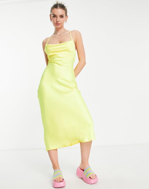 Yellow Midi Dress - Satin Cowl Neck Dress - Cream Adjustable