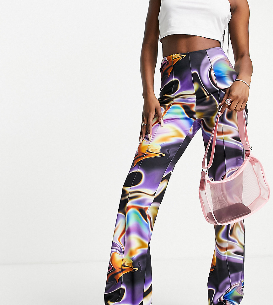 COLLUSION satin flare pants with swirl print in multi-Black
