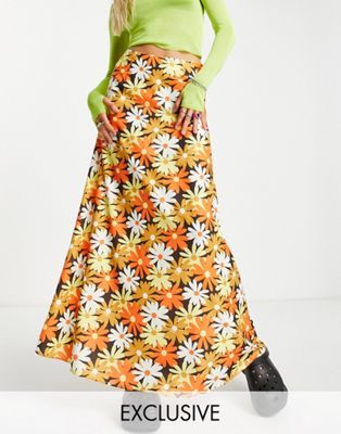 COLLUSION satin floral print column maxi skirt in multi