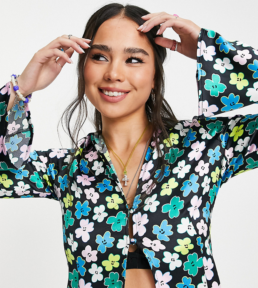 COLLUSION satin fluted sleeve open shirt in floral print - part of a set-Multi