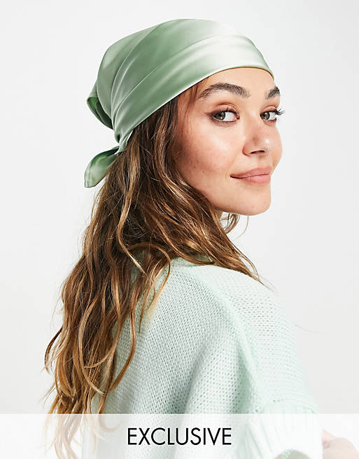 COLLUSION satin head scarf in green co-ord