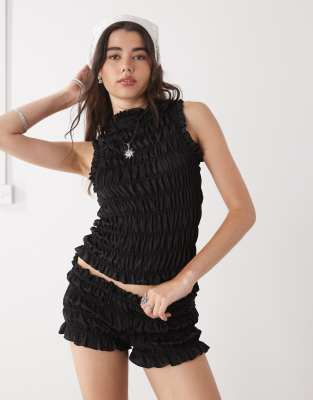 COLLUSION satin look shirred micro shorts co-ord in black - view 1
