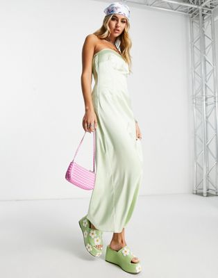 Satin maxi dress with thigh split in green