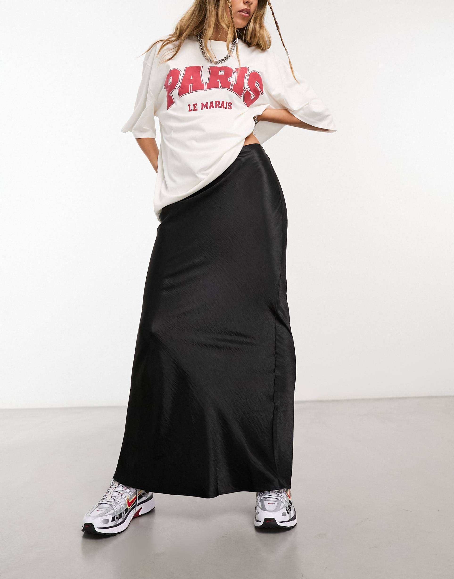 collusion satin maxi skirt in black
